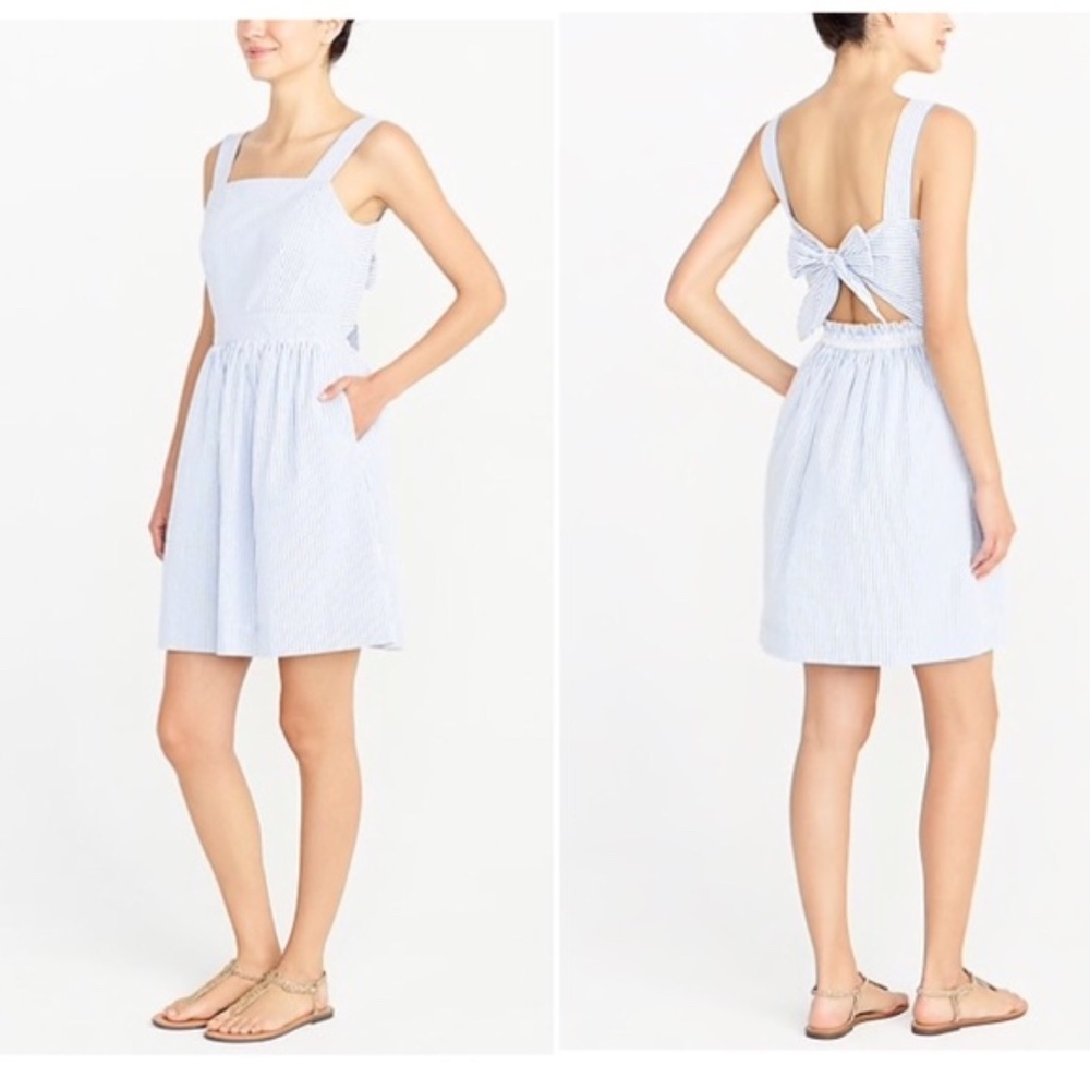 BNWT! J. Crew Seersucker Apron Dress, Size Large, White / Blue